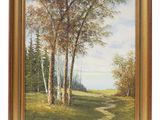 un tableau représentant un sentier traversant une forêt peuplée d'arbres