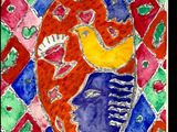 an image of a painting of a fish and a bird on a colorful background