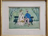 un tableau représentant deux personnes assises sur un banc