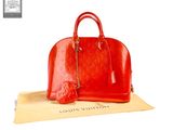 louis vuittois red leather handbag with chain strap