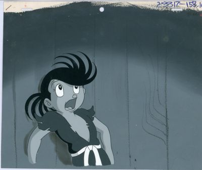 animation : cellule d'animation représentant une femme en robe noire et blanche