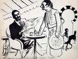 drawing of a man and a woman sitting at a table with a dog