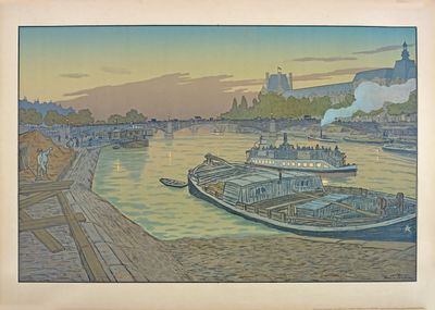 une image d'un tableau représentant un bateau sur l'eau