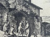 a drawing of a group of people outside of a building