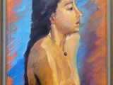 a painting of a woman with long black hair in a gold frame