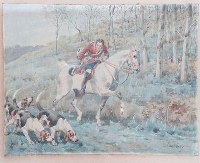 painting of a man on a white horse with hounds in the background