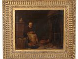 un vieux tableau représentant un homme assis sur une chaise avec un chien