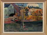 une image représentant un tableau où l'on voit un bateau sur un plan d'eau, avec une maison en arrière-plan