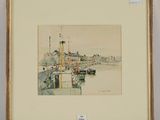 une image représentant une aquarelle illustrant une scène de port avec des bateaux