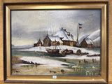 une image représentant un tableau où l'on voit un bateau sur l'eau près d'un village
