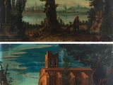 two paintings of a landscape with a church and a village