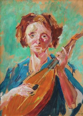 un tableau représentant une femme tenant une mandoline entre ses mains