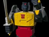 a yellow and red robot with a knife in his hand