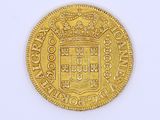 a close up of a gold coin on a white surface