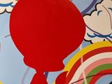 une peinture représentant une personne sur une planche de surf en plein vol