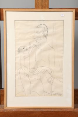 dessin encadré représentant un homme assis sur une chaise avec un chien