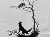 an image of a black and white drawing of a fox and a bird