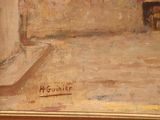an oil painting of a cat sitting on a ledge in a room