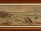 an oil painting of a group of people on a beach