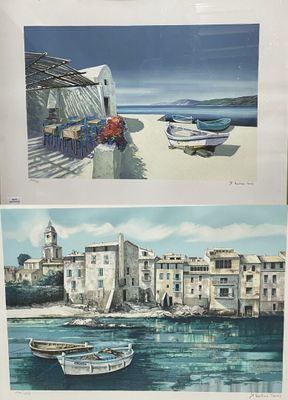 two pictures of boats on the water in front of a building