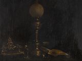 une peinture à l'huile représentant une bougie et un livre posés sur une table