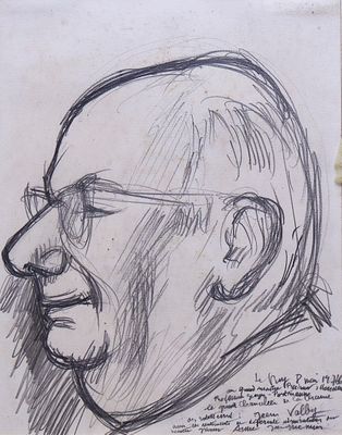 drawing of a man with glasses and a beard in profile