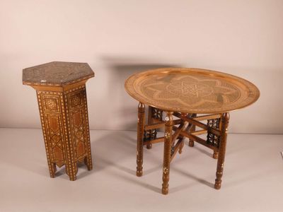 pair of wooden tables with marble top and wooden legs