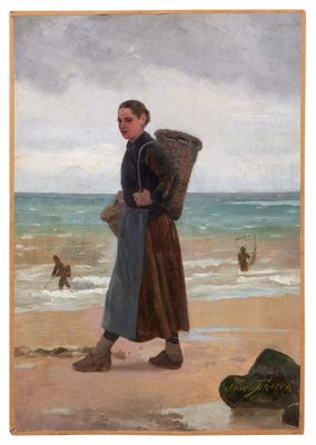 tableau représentant une femme marchant sur la plage, un panier à la main