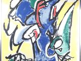 abstract painting of a group of people in blue, green, yellow, and red