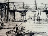sketches of people in a row boat on a river near a pier