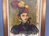 an oil painting of a woman wearing a hat and holding a pipe