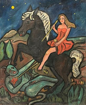 tableau représentant une femme à cheval, sur lequel est posée une lance