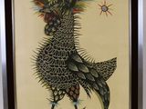une photo d'un tableau représentant un oiseau, dans un cadre