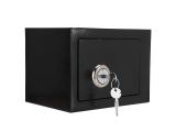 a small black safe box with a key in it