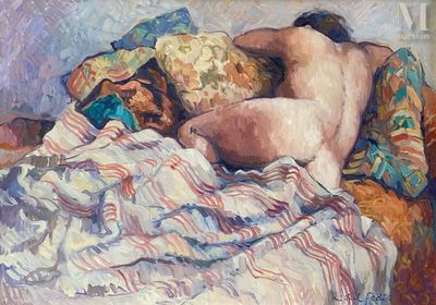 une peinture représentant une femme nue allongée sur un lit