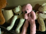 several teddy bears are lined up on a shelf in a room
