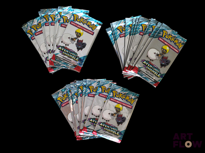 four packs of pokemon trading cards are shown on a black background