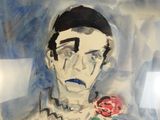 une aquarelle représentant un homme tenant une rose à la main