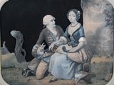 une peinture représentant un homme et une femme assis sur un banc
