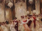 a painting of a couple dancing in a ballroom
