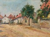 une image représentant un tableau d'une rue de village avec une calèche