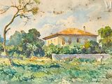 tableau représentant une maison dans un champ, avec des arbres et des buissons