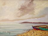 painting of two boats on a beach near the ocean