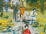 painting of a group of people walking down a path in the woods