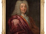 un tableau représentant un homme vêtu d'une robe rouge et d'une perruque blanche