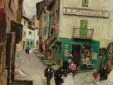 painting of a street scene with a horse drawn carriage and people walking down the street