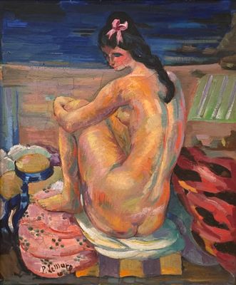une peinture à l'huile représentant une femme nue assise sur un lit près d'une fenêtre