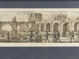 une vieille photo représentant un dessin d'une ville avec une tour horloge en arrière-plan