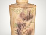 an image of a vase with a painting on it on a white surface