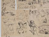 several drawings of people and animals on a sheet of paper